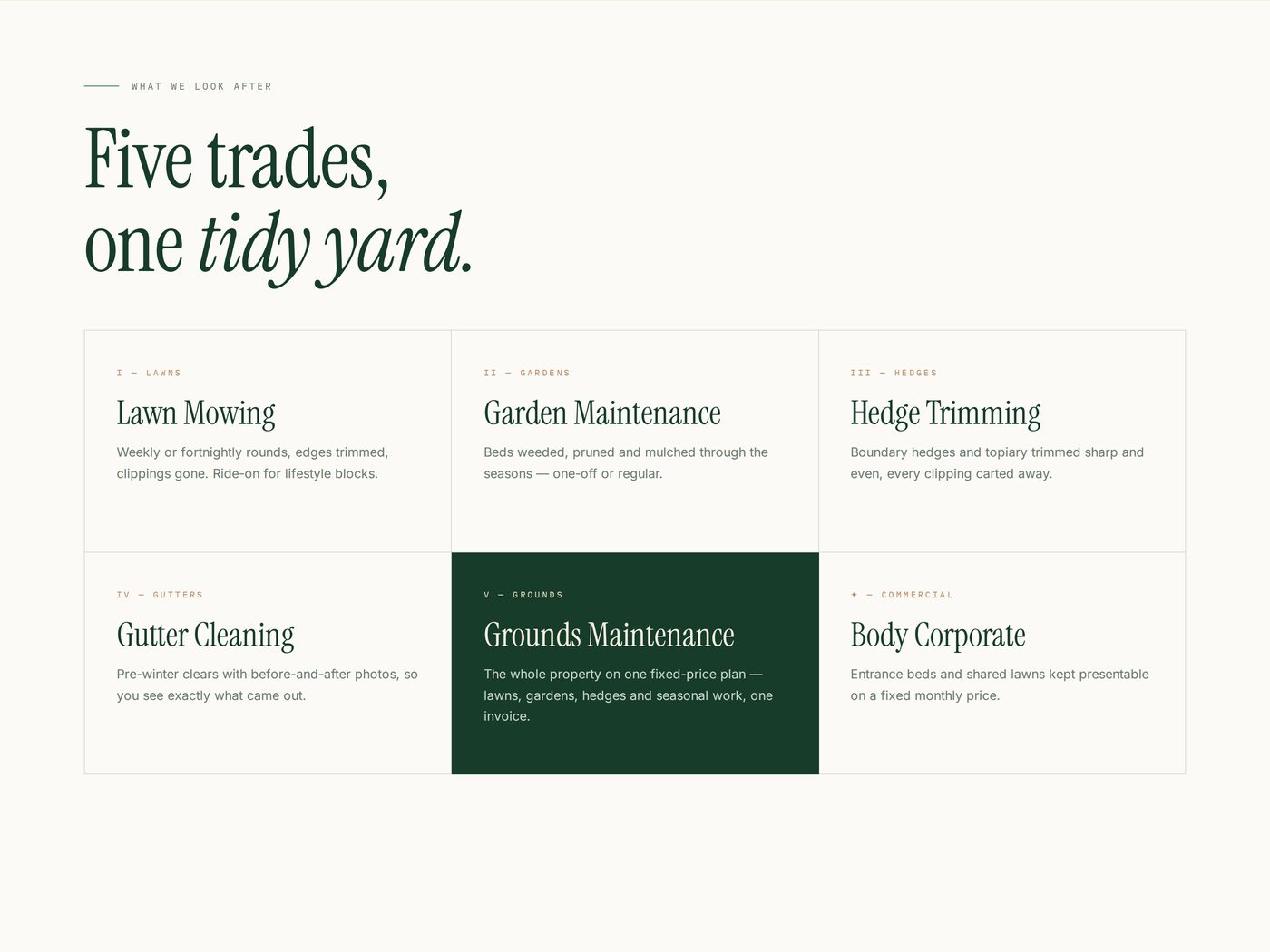 Tidy Yard — Seções